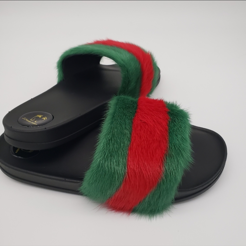 100% Mink Slides Green/Red